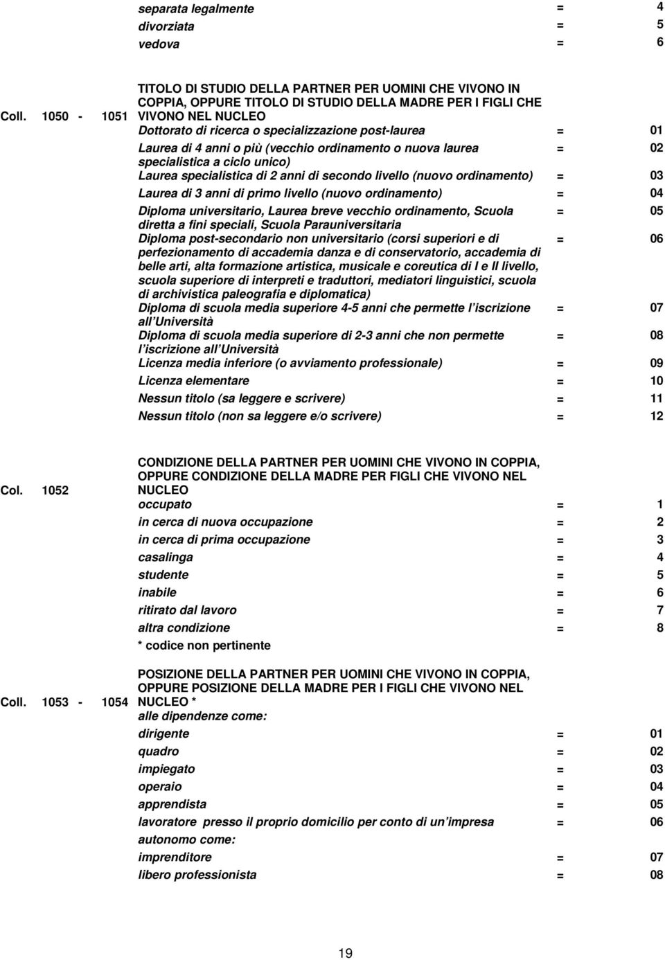 01 Laurea di 4 anni o più (vecchio ordinamento o nuova laurea = 02 specialistica a ciclo unico) Laurea specialistica di 2 anni di secondo livello (nuovo ordinamento) = 03 Laurea di 3 anni di primo