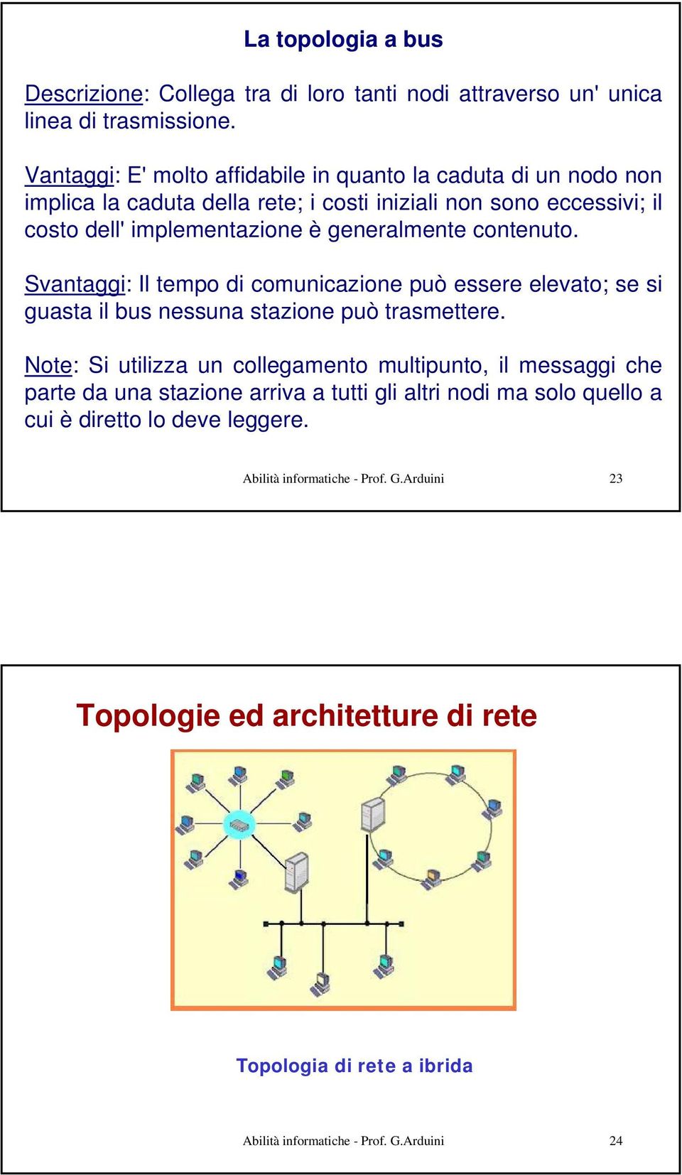 contenuto. Svantaggi: Il tempo di comunicazione può essere elevato; se si guasta il bus nessuna stazione può trasmettere.