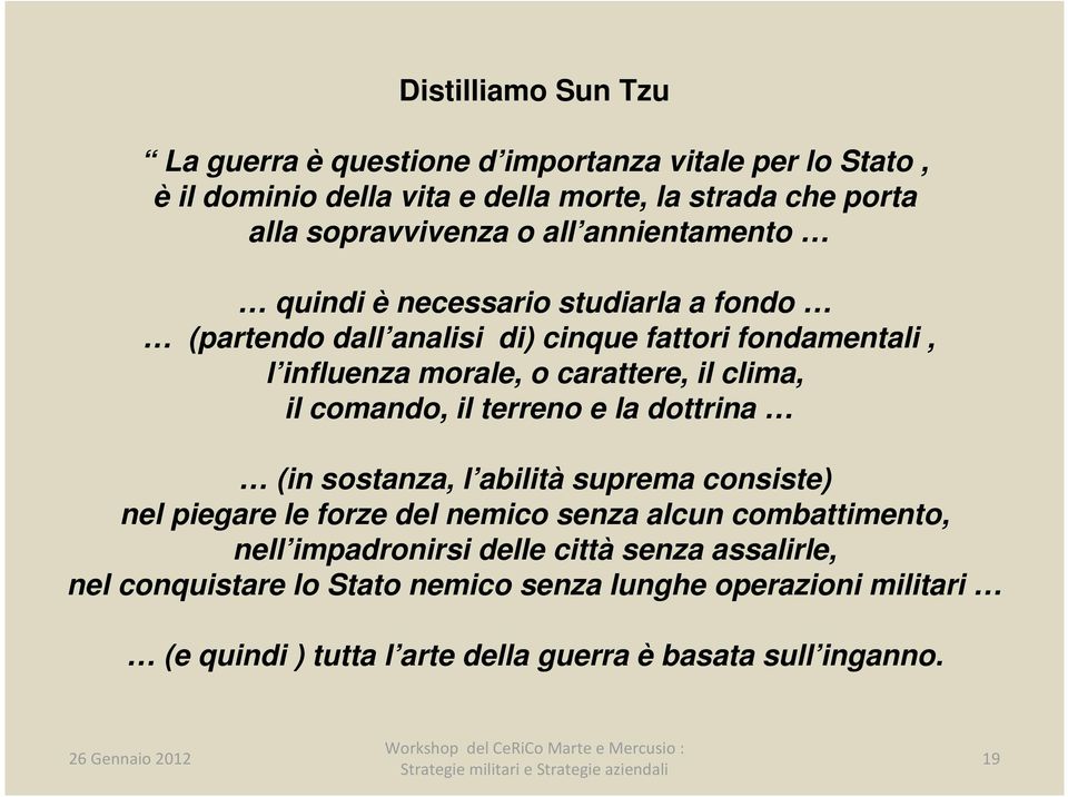 il comando, il terreno e la dottrina (in sostanza, l abilità suprema consiste) nel piegare le forze del nemico senza alcun combattimento, nell impadronirsi