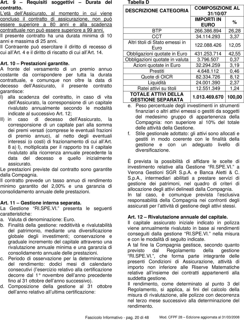 Il presente contratto ha una durata minima di 10 anni e massima di 25 anni. Il Contraente può esercitare il diritto di recesso di cui all Art. 4 e il diritto di riscatto di cui all Art. 14. Art. 10 Prestazioni garantite.