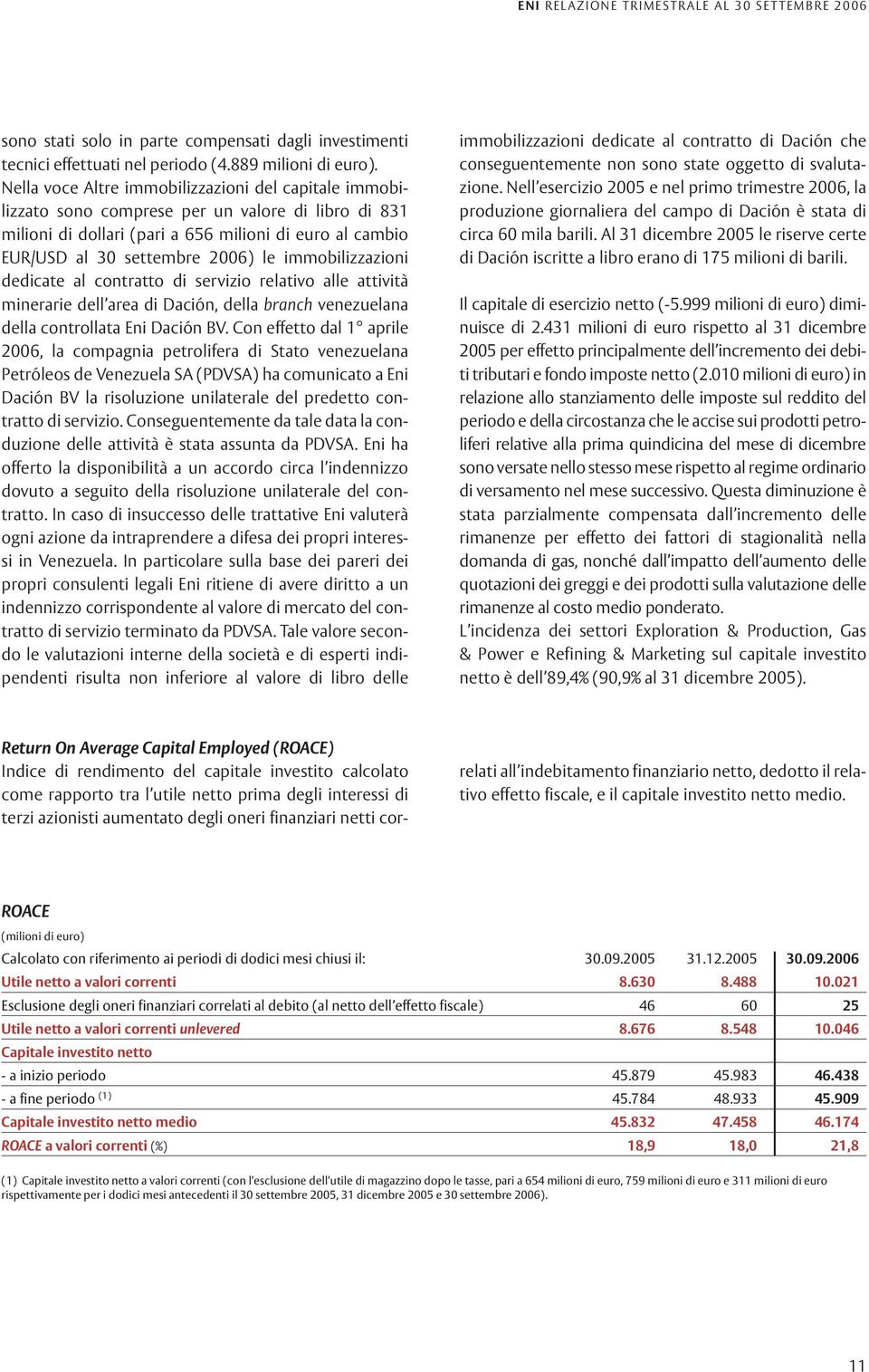 immobilizzazioni dedicate al contratto di servizio relativo alle attività minerarie dell area di Dación, della branch venezuelana della controllata Eni Dación BV.