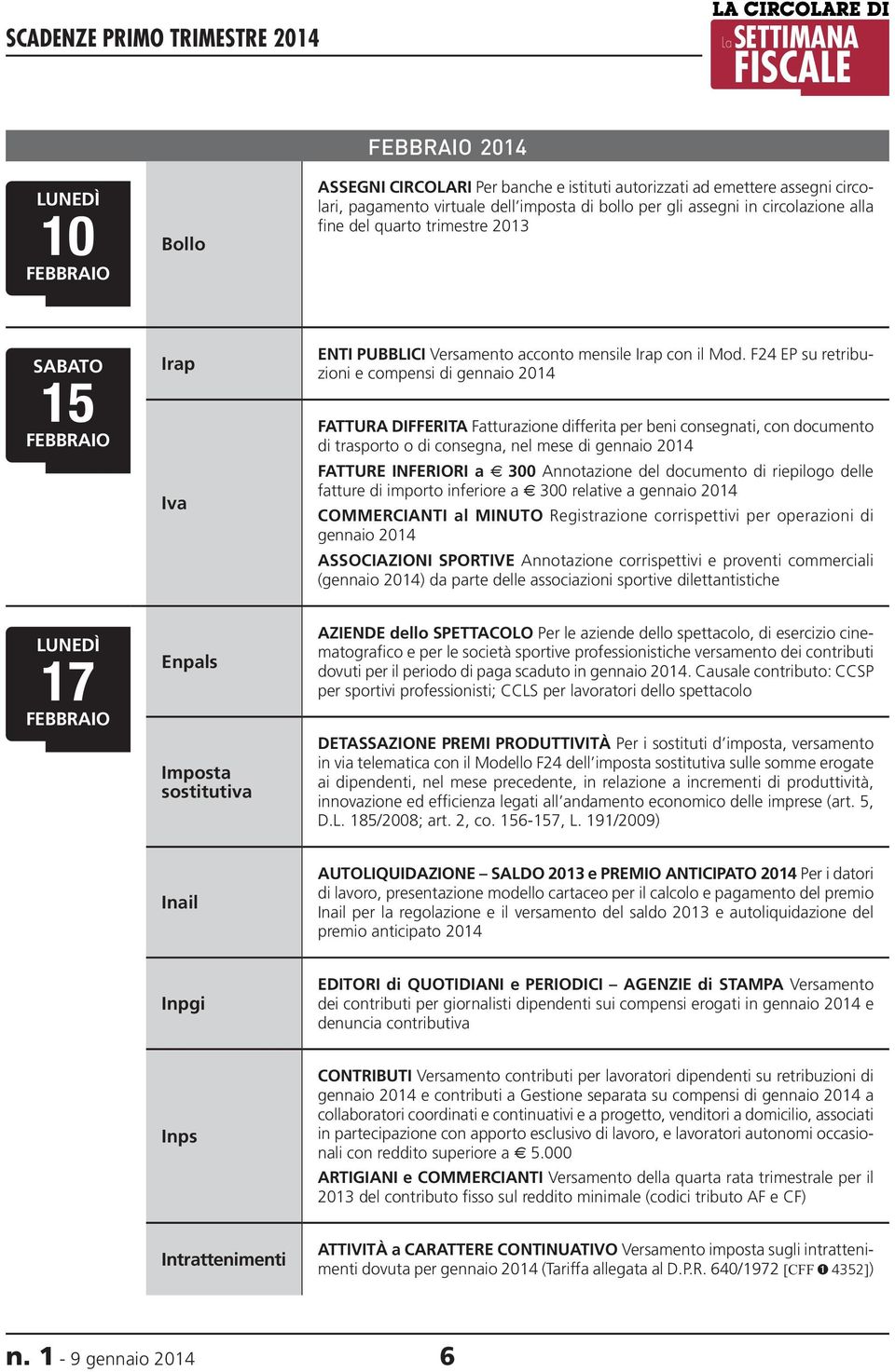 F24 EP su retribuzioni e compensi di gennaio 2014 FATTURA DIFFERITA Fatturazione differita per beni consegnati, con documento di trasporto o di consegna, nel mese di gennaio 2014 FATTURE INFERIORI a