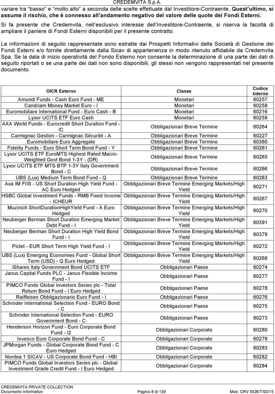 Le informazioni di seguito rappresentate sono estratte dai Prospetti Informativi le Società di Gestione dei Fondi Esterni e/o fornite direttamente dalla Sicav di appartenenza in modo ritenuto