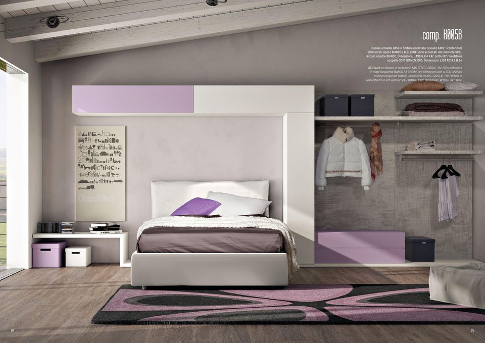 Letto FLY rivestito in ecopelle SOFT BIANCO 1000. Dimensioni: L.138 P.214,5 H.94 OASI walk-in closeth in melamine KAKI EFFECT FABRIC.