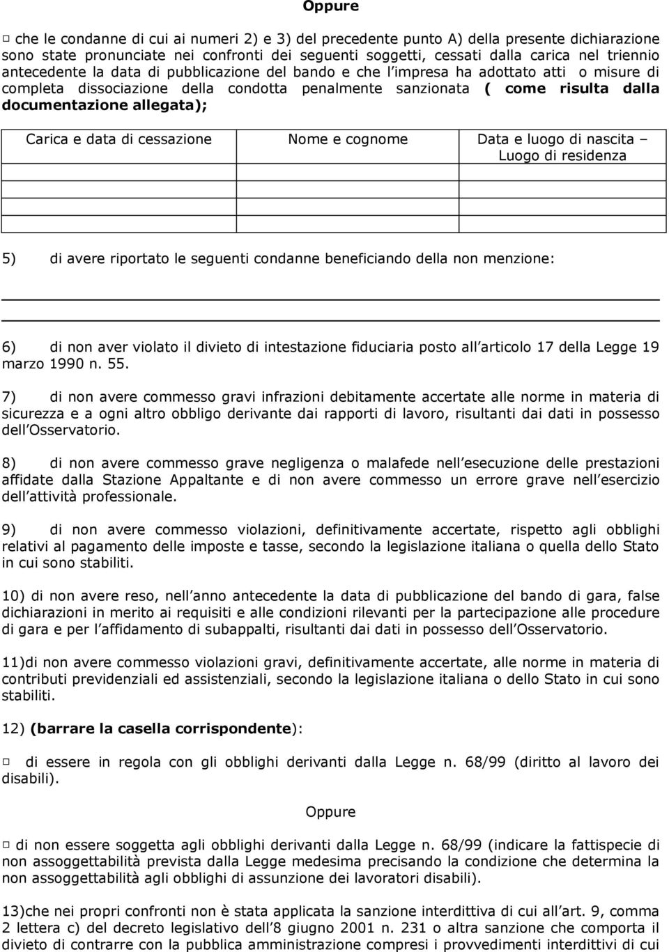 Carica e data di cessazione Nome e cognome Data e luogo di nascita Luogo di residenza 5) di avere riportato le seguenti condanne beneficiando della non menzione: 6) di non aver violato il divieto di