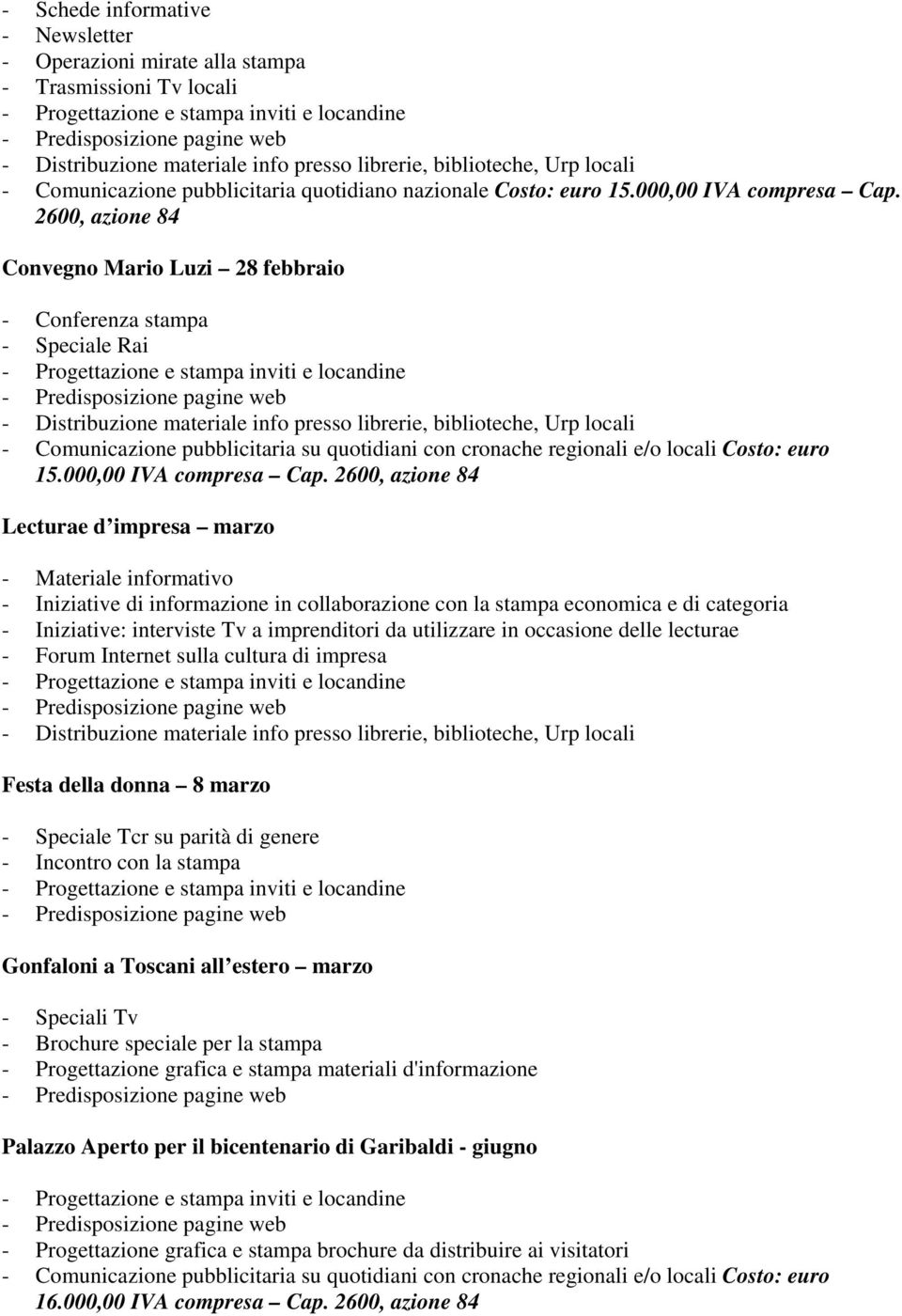 2600, azione 84 Convegno Mario Luzi 28 febbraio - Conferenza stampa - Speciale Rai - Distribuzione materiale info presso librerie, biblioteche, Urp locali - Comunicazione pubblicitaria su quotidiani