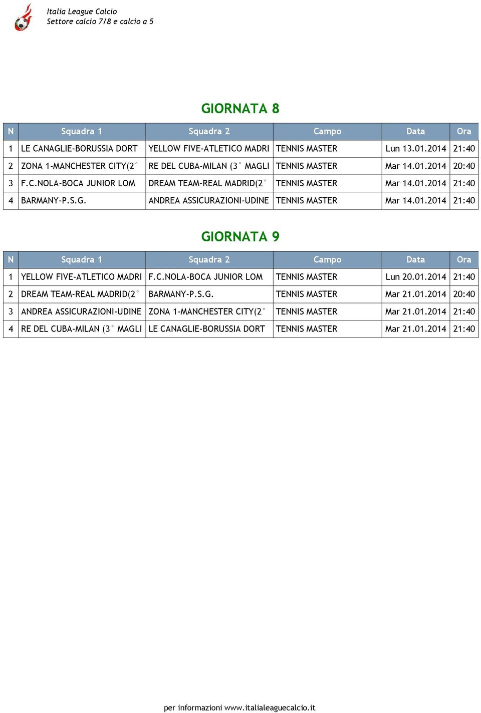 S.G. ANDREA ASSICURAZIONI-UDINE TENNIS MASTER Mar 14.01.2014 21:40 GIORNATA 9 N Squadra 1 Squadra 2 Campo Data Ora 1 YELLOW FIVE-ATLETICO MADRI F.C.NOLA-BOCA JUNIOR LOM TENNIS MASTER Lun 20.01.2014 21:40 2 DREAM TEAM-REAL MADRID(2 BARMANY-P.