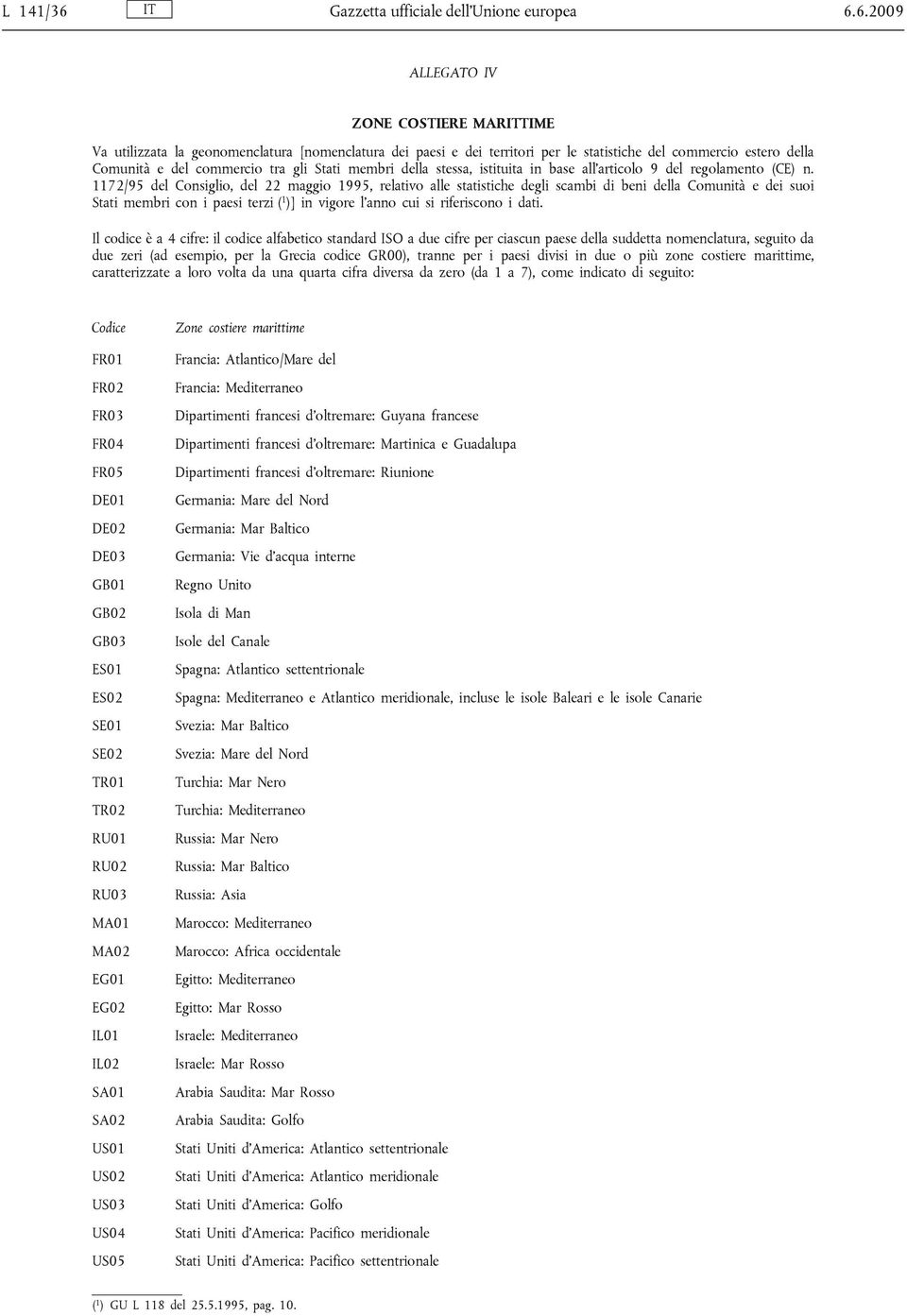 6.2009 ALLEGATO IV ZONE COSTIERE MARITTIME Va utilizzata la geonomenclatura [nomenclatura dei paesi e dei territori per le statistiche del commercio estero della Comunità e del commercio tra gli