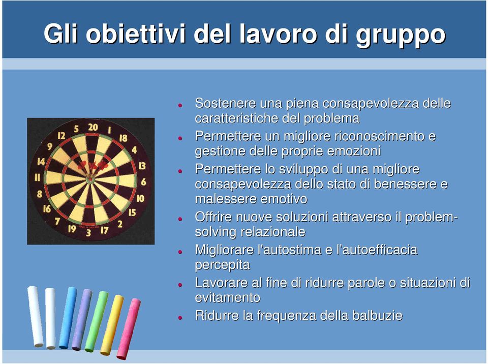 di benessere e malessere emotivo Offrire nuove soluzioni attraverso il problem- solving relazionale Migliorare l'autostima