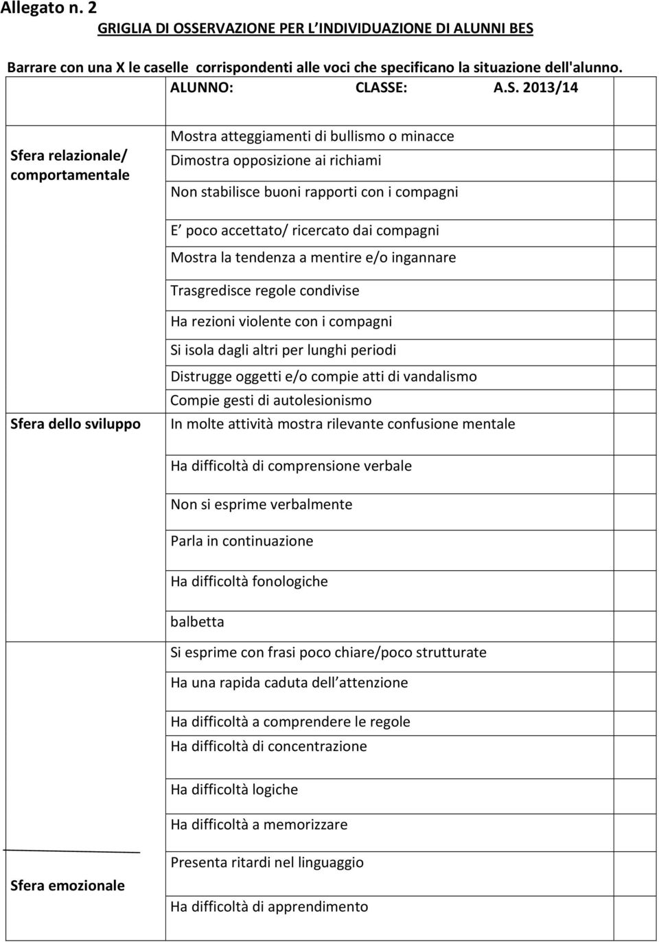 Barrare con una X le caselle corrispondenti alle voci che specifica la situazione dell'alun. ALUNNO: CLASS