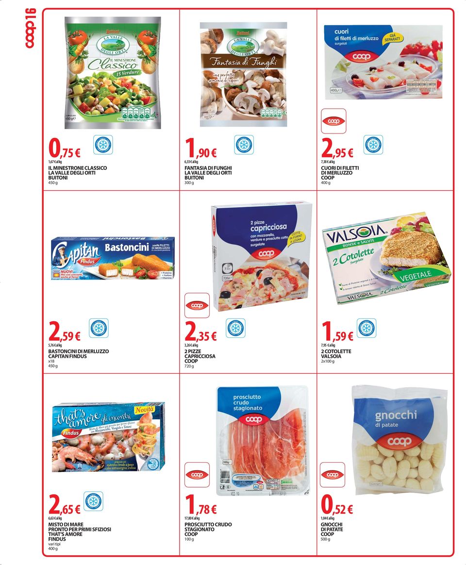 450 g 2,35 3,26 al kg 2 PIZZE CAPRICCIOSA 720 g 1,59 7,95 al kg 2 COTOLETTE VALSOIA 2x100 g 2,65 6,63 al kg MISTO DI MARE PRONTO