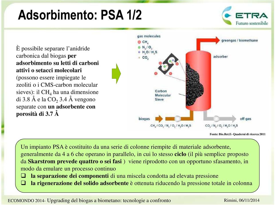 E- Quaderni di ricerca 2011 Un impianto PSA è costituito da una serie di colonne riempite di materiale adsorbente, generalmente da 4 a 6 che operano in parallelo, in cui lo stesso ciclo (il più