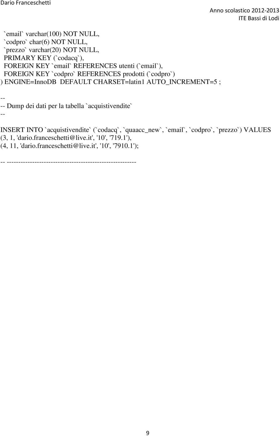 per la tabella `acquistivendite` -- INSERT INTO `acquistivendite` (`codacq`, `quaacc_new`, `email`, `codpro`, `prezzo`) VALUES (3, 1, 'dario.