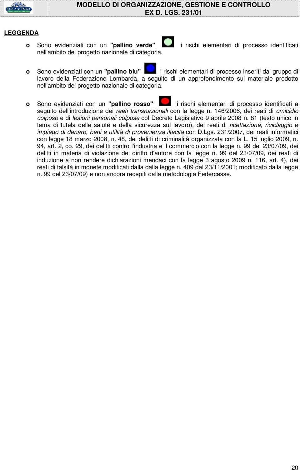 del progetto nazionale di categoria. o Sono evidenziati con un "pallino rosso" i rischi elementari di processo identificati a seguito dell'introduzione dei reati transnazionali con la legge n.