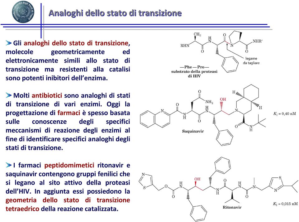 Oggi la progettazione di farmaci è spesso basata sulle conoscenze degli specifici meccanismi di reazione degli enzimi al fine di identificare specifici analoghi degli stati di