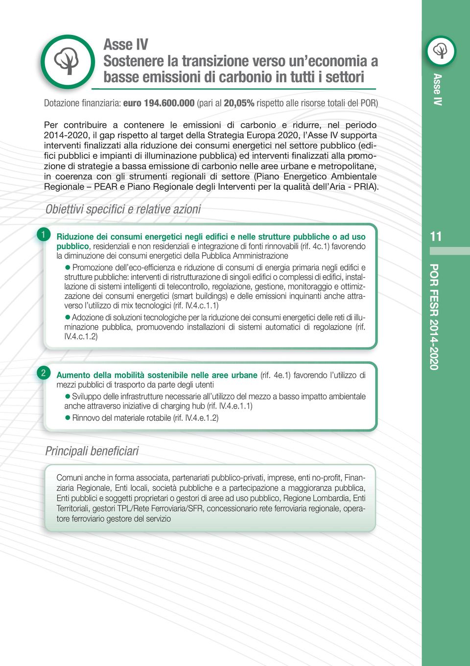 Europa 2020, l Asse IV supporta interventi finalizzati alla riduzione dei consumi energetici nel settore pubblico (edifici pubblici e impianti di illuminazione pubblica) ed interventi finalizzati