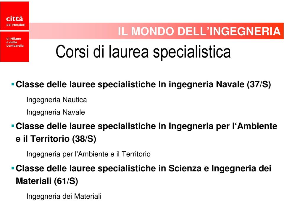 il Territorio (38/S) Ingegneria per l'ambiente e il Territorio Classe delle lauree