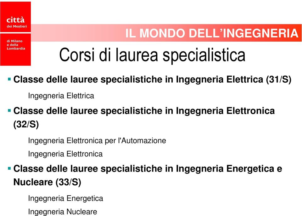 Ingegneria Elettronica per l'automazione Ingegneria Elettronica Classe delle lauree