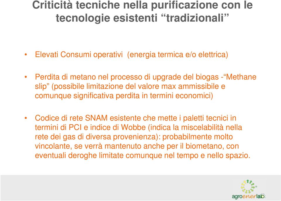 economici) Codice di rete SNAM esistente che mette i paletti tecnici in termini di PCI e indice di Wobbe (indica la miscelabilità nella rete dei gas di