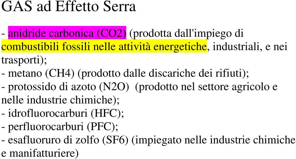 - protossido di azoto (N2O) (prodotto nel settore agricolo e nelle industrie chimiche); - idrofluorocarburi