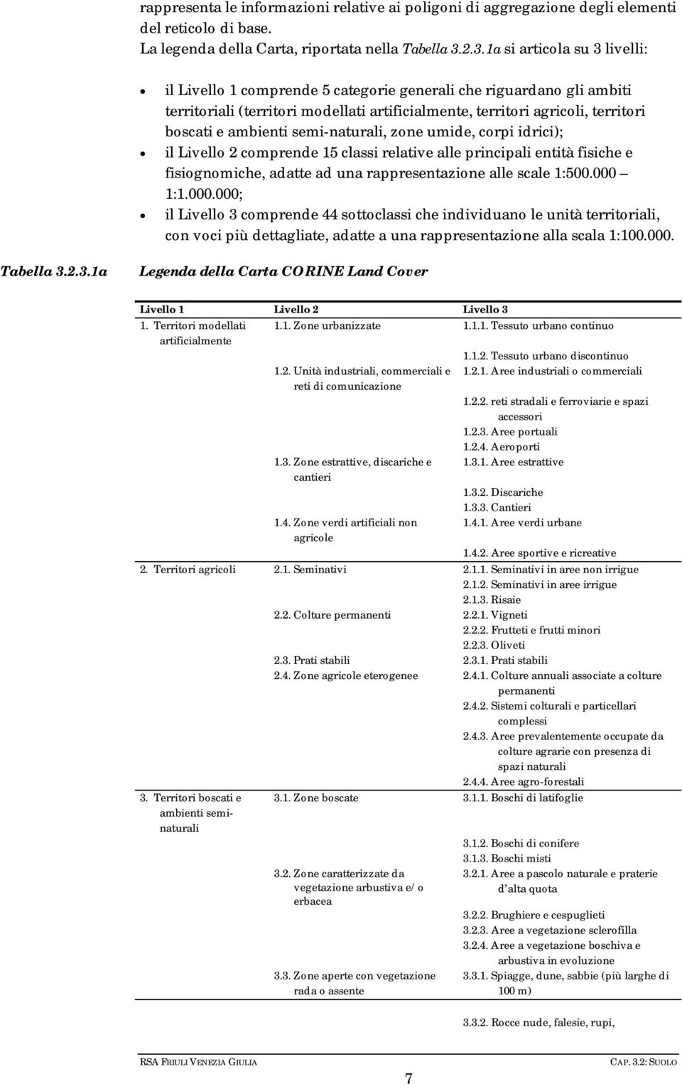 ambienti semi-naturali, zone umide, corpi idrici); il Livello 2 comprende 15 classi relative alle principali entità fisiche e fisiognomiche, adatte ad una rappresentazione alle scale 1:500.000 1:1.