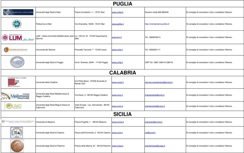 LUM - Libera Università Mediterranea Jean Monnet s.s. 100 km 18-70100 Casamasima (BA) www.lum.it Tel.: 0806978213 Si consiglia di consultare il sito o contattare l'ateneo.