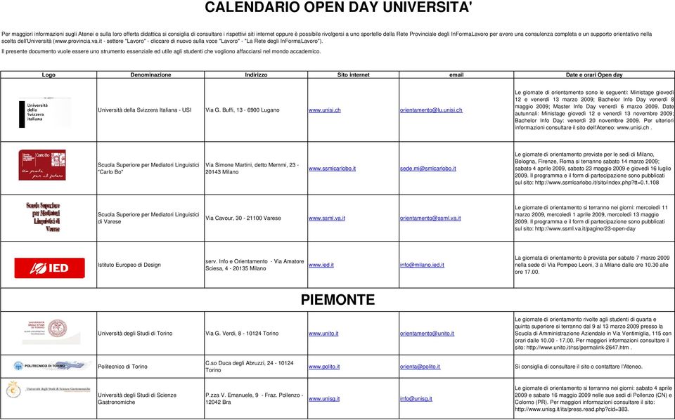 it - settore "Lavoro" - cliccare di nuovo sulla voce "Lavoro" - "La Rete degli InFormaLavoro").