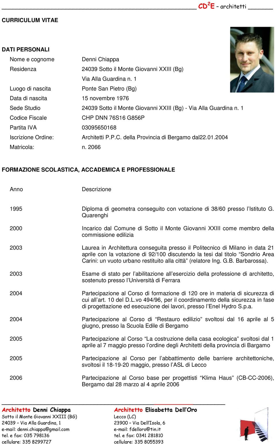 1 Codice Fiscale CHP DNN 76S16 G856P Partita IVA 03095650168 Iscrizione Ordine: Architetti P.P.C. della Provincia di Bergamo dal22.01.2004 Matricola: n.