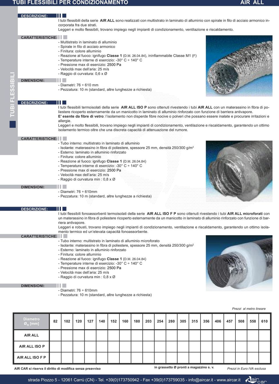 TUBI FLESSIBILI - Multistrato in laminato di alluminio - Spirale in filo di acciaio armonico - Reazione al fuoco: ignifugo Classe 1 (D.M. 26.04.