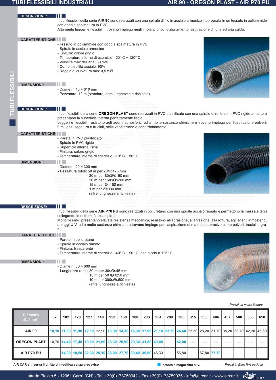 TUBI FLESSIBILI - Tessuto in poliammide con doppia spalmatura in PVC - Spirale in acciaio armonico - Temperature interne di esercizio: -20 C 120 C - Comprimibilità assiale: 90% - Raggio di curvatura