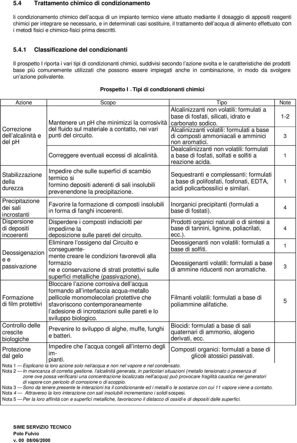 1 Classificazione del condizionanti Il prospetto I riporta i vari tipi di condizionanti chimici, suddivisi secondo l azione svolta e le caratteristiche dei prodotti base più comunemente utilizzati