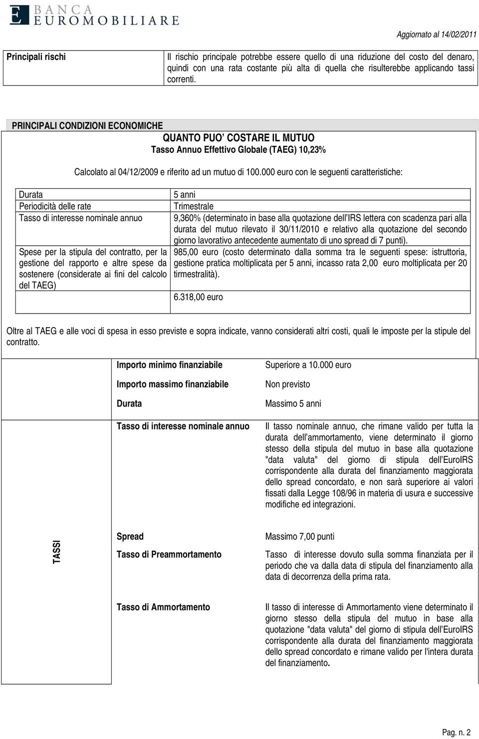 000 euro con le seguenti caratteristiche: Durata Periodicità delle rate Tasso di interesse nominale annuo Spese per la stipula del contratto, per la gestione del rapporto e altre spese da sostenere