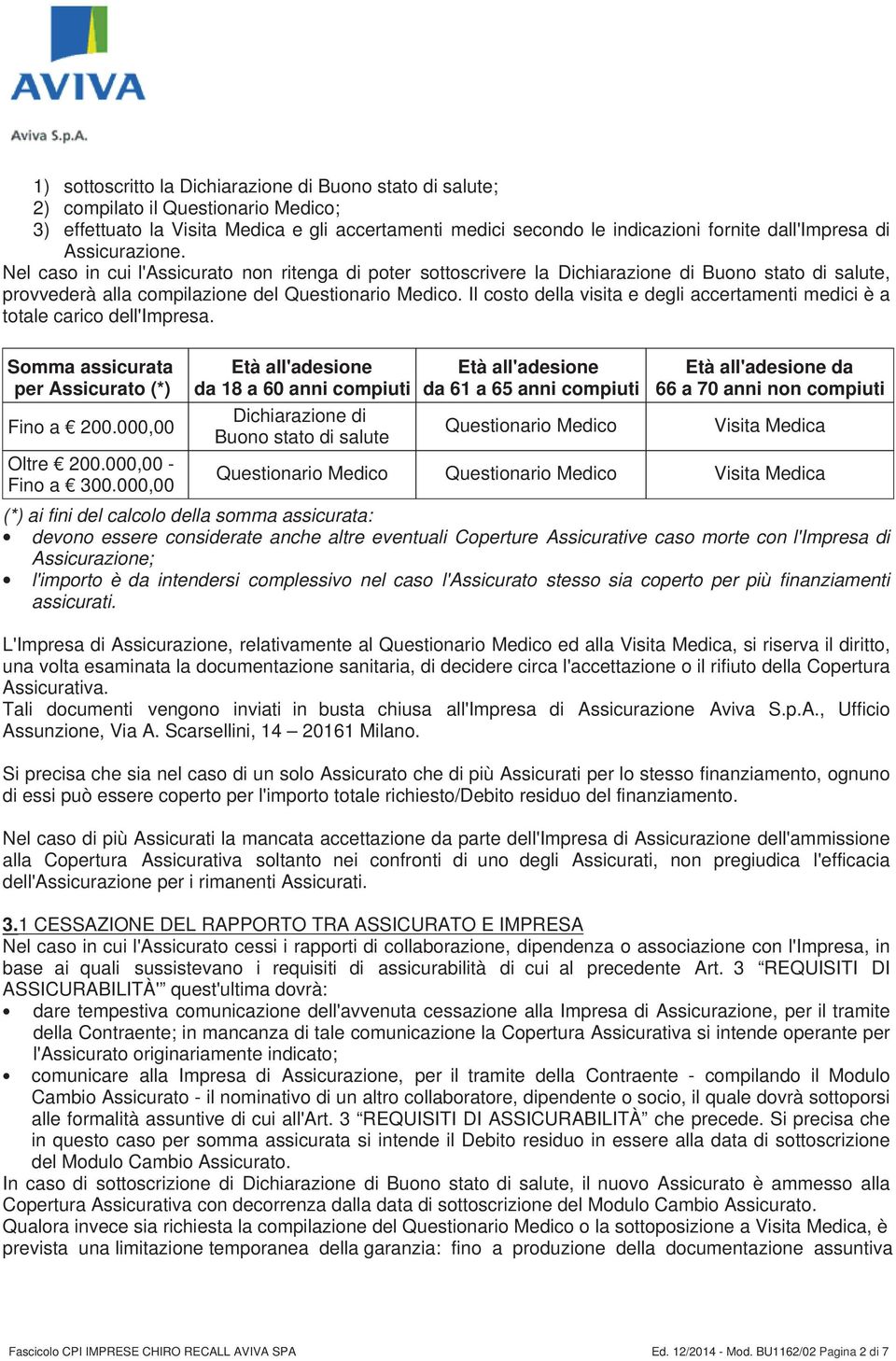 Il costo della visita e degli accertamenti medici è a totale carico dell'impresa. Somma assicurata per Assicurato (*) Fino a 200.