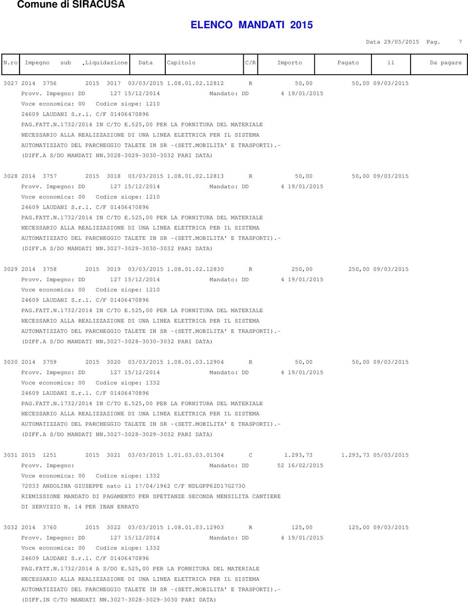 525,00 PER LA FORNITURA DEL MATERIALE NECESSARIO ALLA REALIZZAZIONE DI UNA LINEA ELETTRICA PER IL SISTEMA AUTOMATIZZATO DEL PARCHEGGIO TALETE IN SR -(SETT.MOBILITA' E TRASPORTI).- (DIFF.