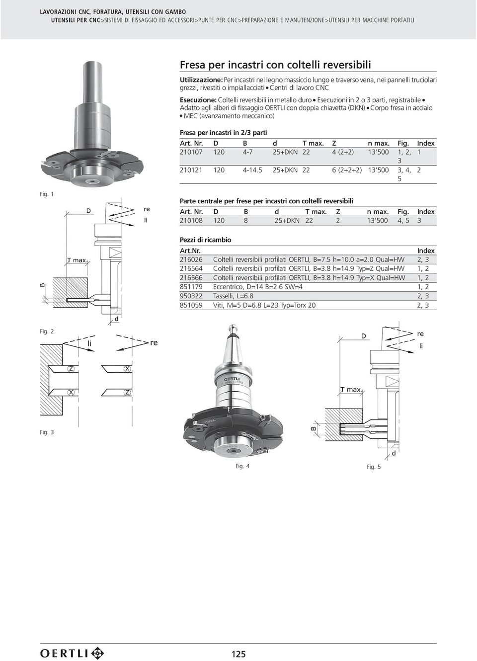 (avanzamento meccanico) Fresa per incastri in 2/3 parti Art. Nr. D B d T max. Z n max. Fig. Index 210107 120 4-7 25+DKN 22 4 (2+2) 13'500 1, 2, 1 3 210121 120 4-14.