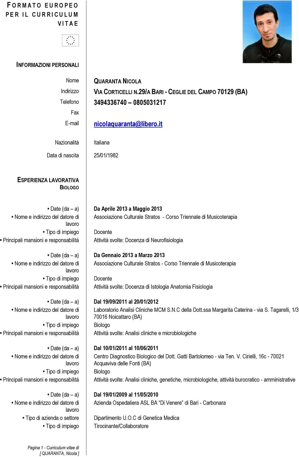 itU Nazionalità Italiana Data di nascita 25/01/1982 ESPERIENZA LAVORATIVA BIOLOGO Date (da a) Da Aprile 2013 a Maggio 2013 Nome e indirizzo del datore di Associazione Culturale Stratos - Corso