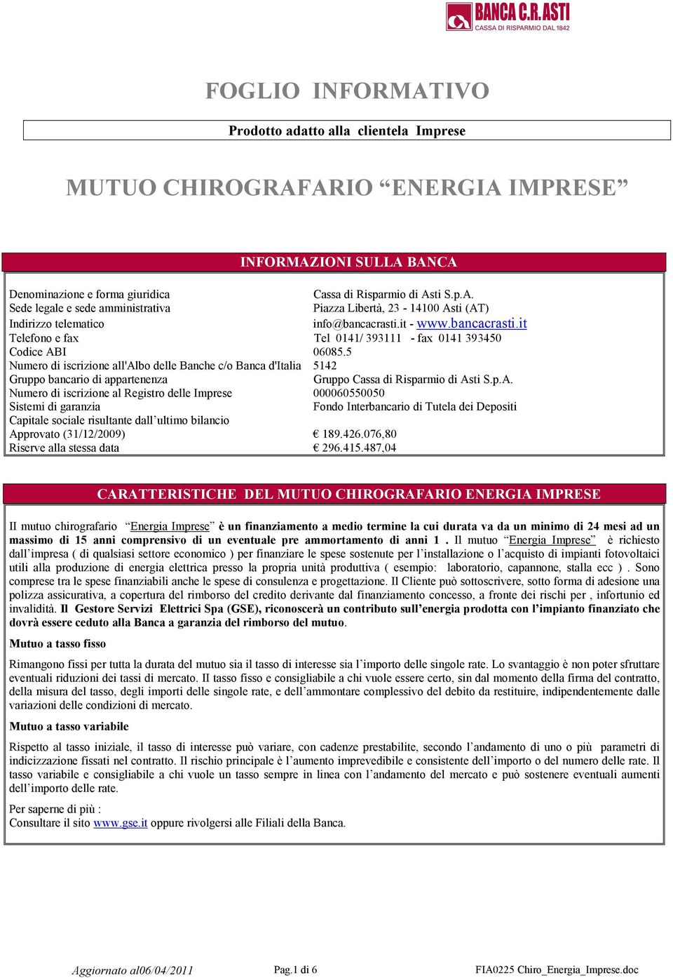 5 Numero di iscrizione all'albo delle Banche c/o Banca d'italia 5142 Gruppo bancario di appartenenza Gruppo Cassa di Risparmio di As