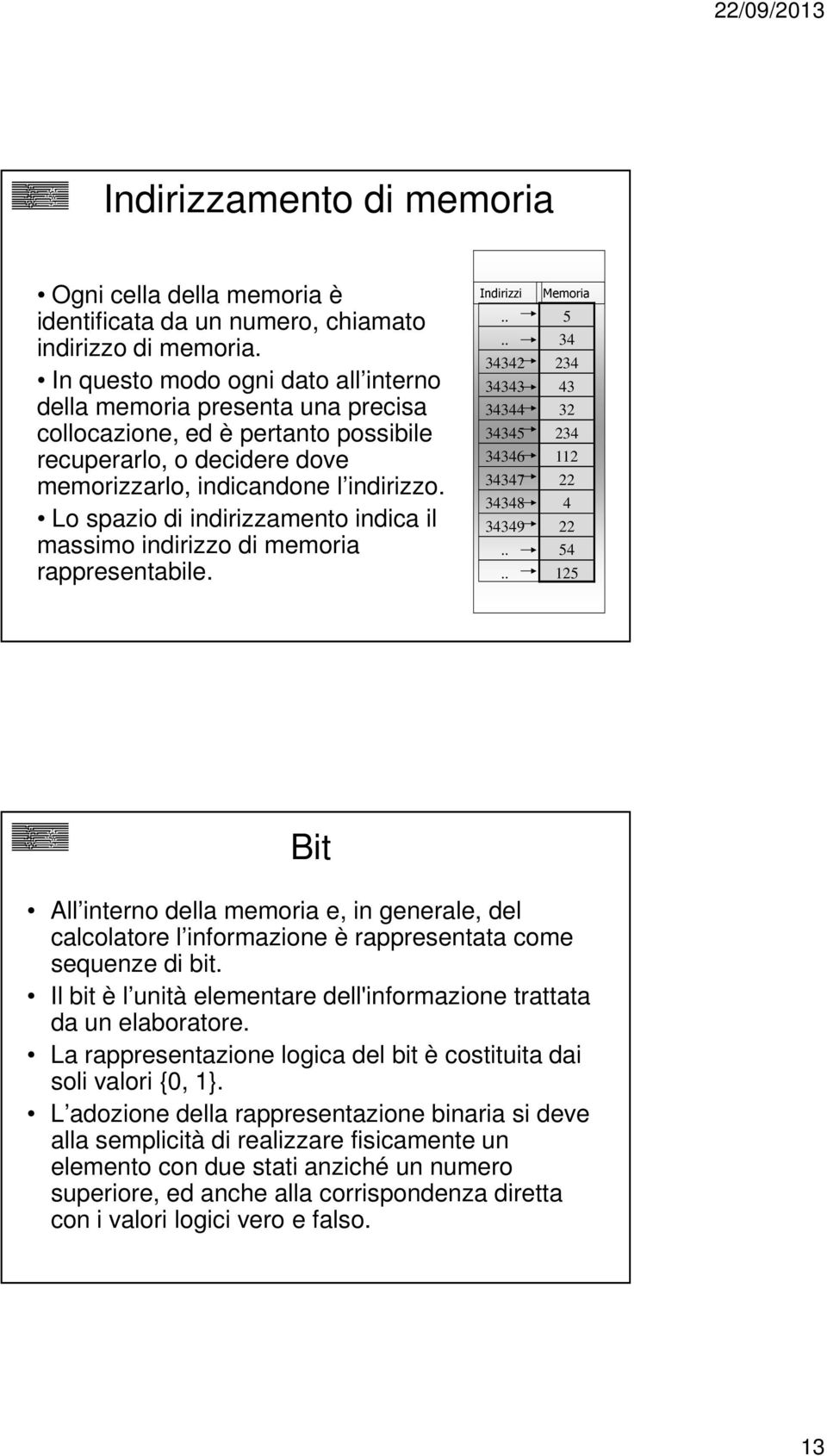 Lo spazio di indirizzamento indica il massimo indirizzo di memoria rappresentabile. Indirizzi.... 34342 34343 34344 34345 34346 34347 34348 34349.