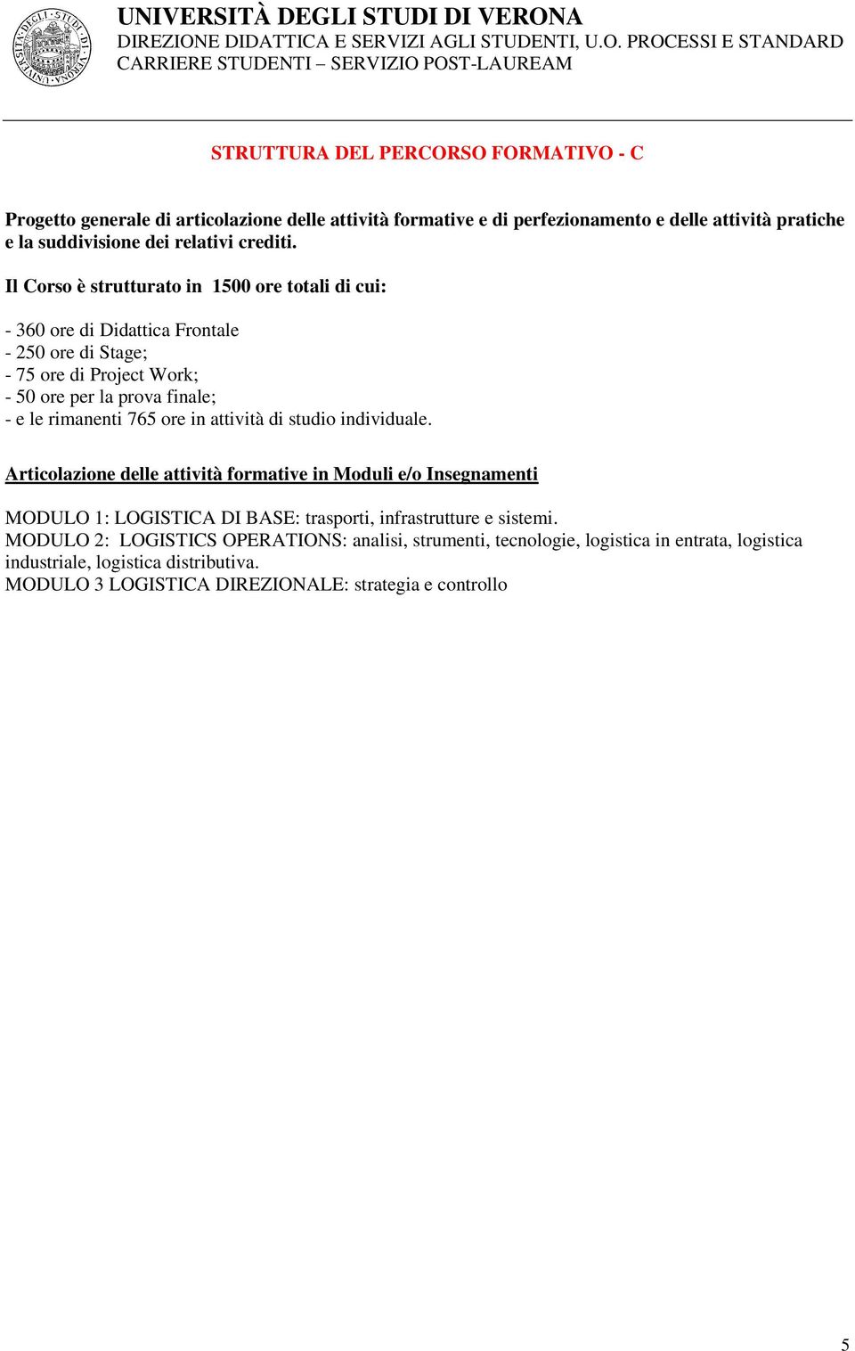 Il Corso è strutturato in 1500 ore totali di cui: - 360 ore di Didattica Frontale - 250 ore di Stage; - 75 ore di Project Work; - 50 ore per la prova finale; - e le rimanenti 765