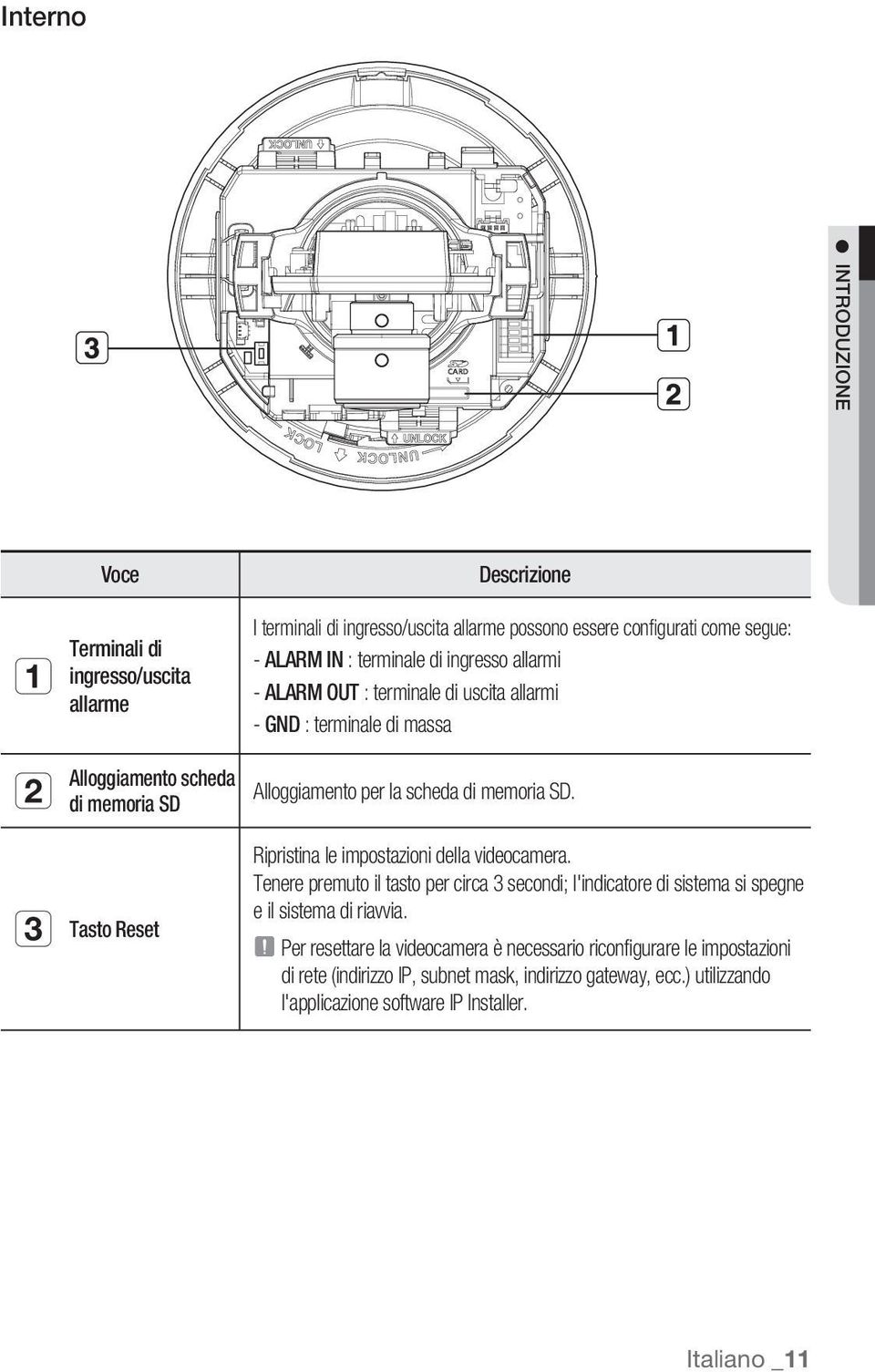 SD. c Tasto Reset Ripristina le impostazioni della videocamera. Tenere premuto il tasto per circa 3 secondi; l'indicatore di sistema si spegne e il sistema di riavvia.