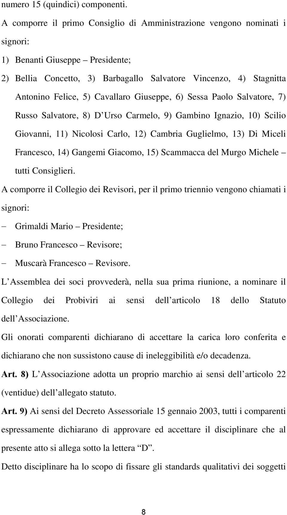 Cavallaro Giuseppe, 6) Sessa Paolo Salvatore, 7) Russo Salvatore, 8) D Urso Carmelo, 9) Gambino Ignazio, 10) Scilio Giovanni, 11) Nicolosi Carlo, 12) Cambria Guglielmo, 13) Di Miceli Francesco, 14)