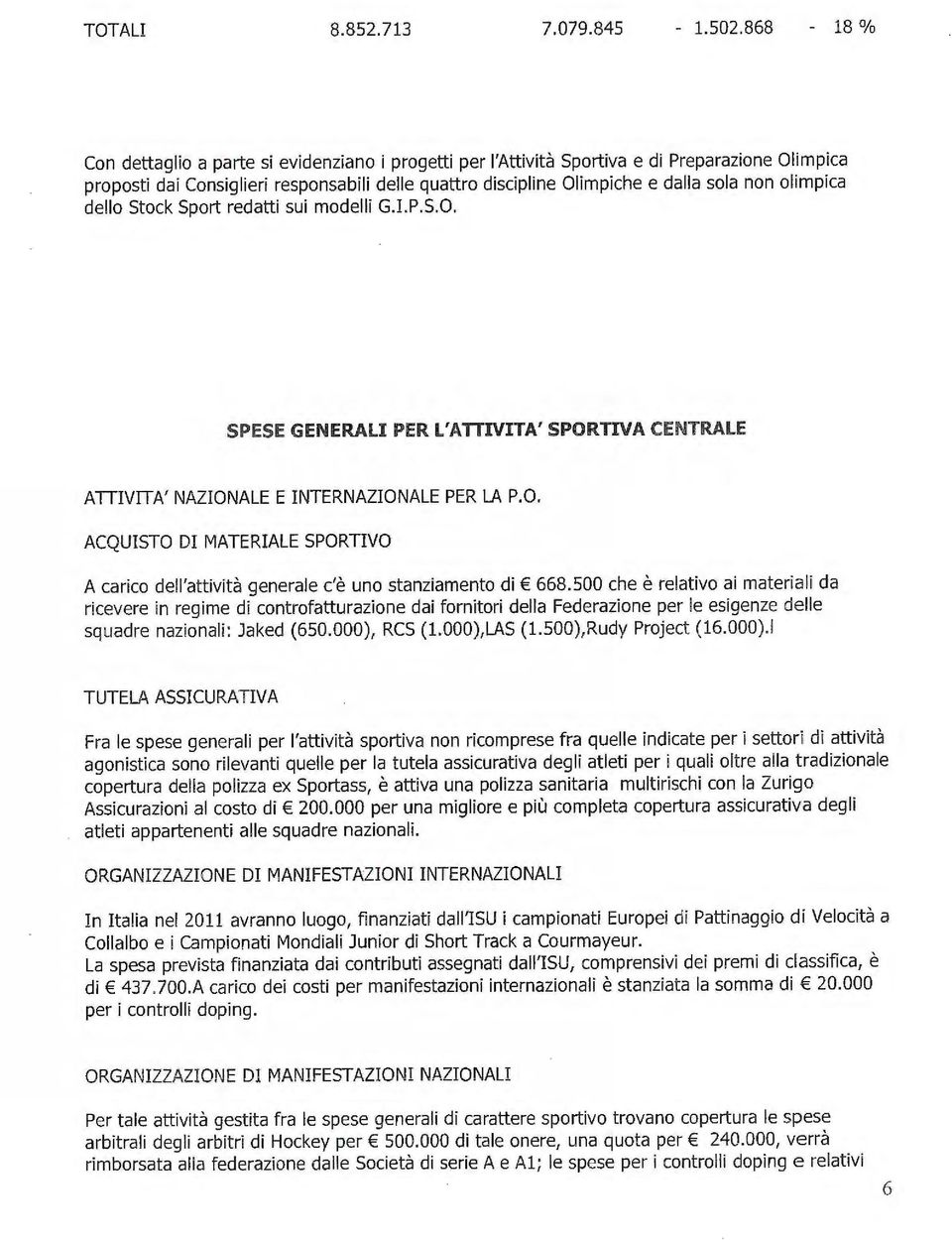 olimpica dello Stock Sport redatti sui modelli G.I.P.S.O. SPESE GENERALI PER L'ATIIVITA' SPORTIVA CENTRALE ATTIVITA' NAZIONALE E INTERNAZIONALE PER LA P.O. ACQUISTO DI MATERIALE SPORTIVO A carico dell'attività generale c'è uno stanziamento di 668.