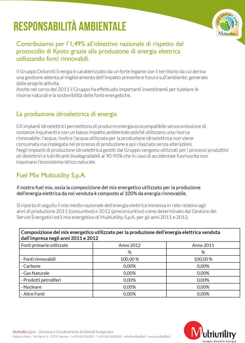 proprie attività. Anche nel corso del 2011 il Gruppo ha effettuato importanti investimenti per tutelare le risorse naturali e la sostenibilità delle fonti energetiche.