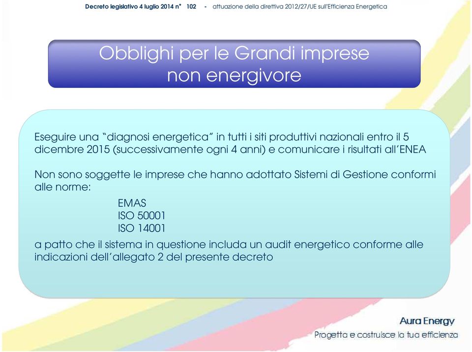 soggette le imprese che hanno adottato Sistemi di Gestione conformi alle norme: EMAS ISO 50001 ISO 14001 a