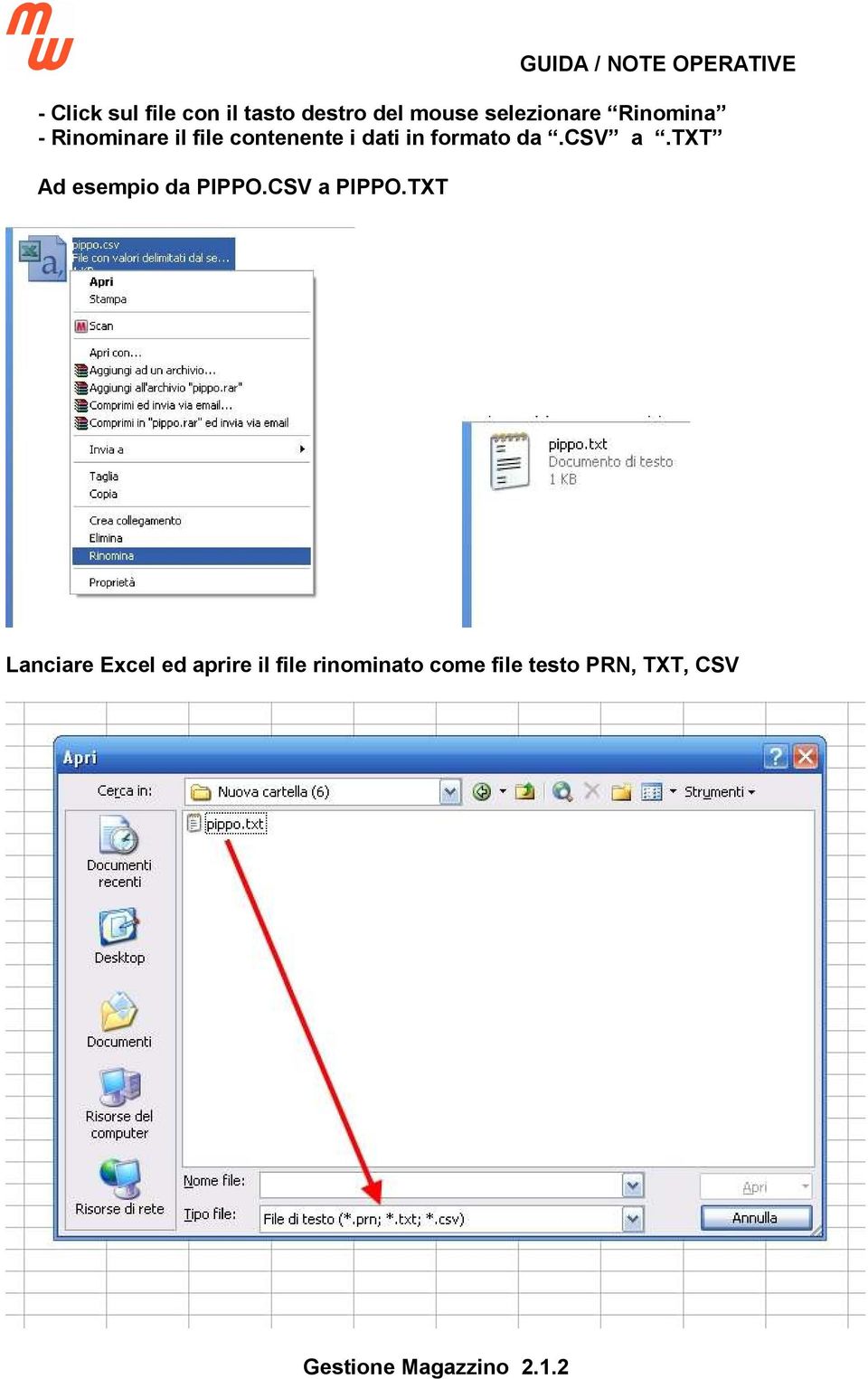 da.csv a.txt Ad esempio da PIPPO.CSV a PIPPO.