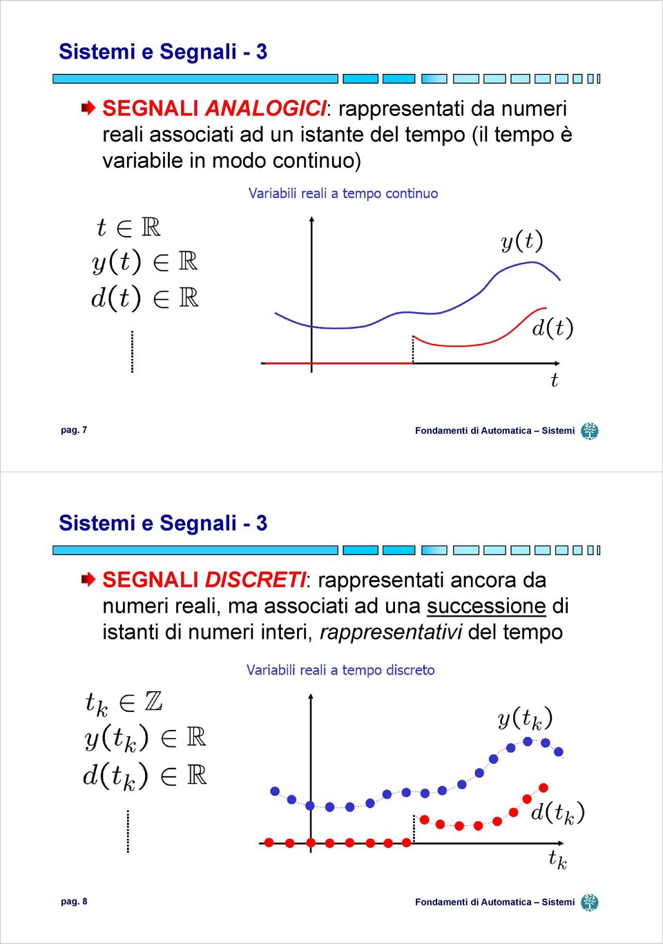 7 Sistemi e Segnali - 3 SEGNALI DISCRETI: rappresentati ancora da numeri reali,