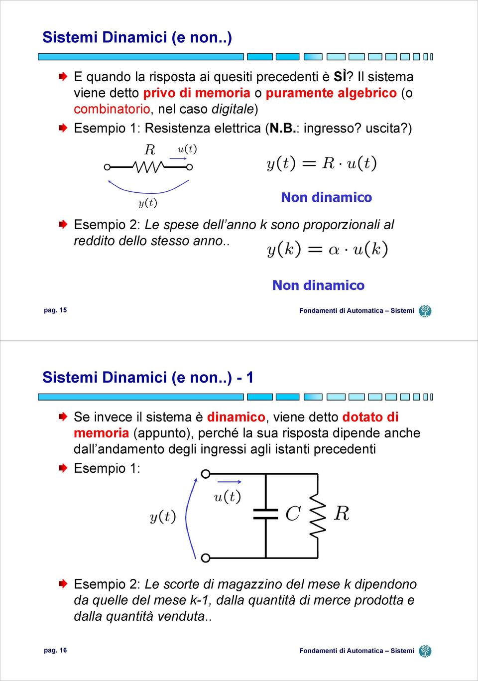 ) Esempio 2: Le spese dell anno k sono proporzionali al reddito dello stesso anno.. pag. 15 Sistemi Dinamici (e non.