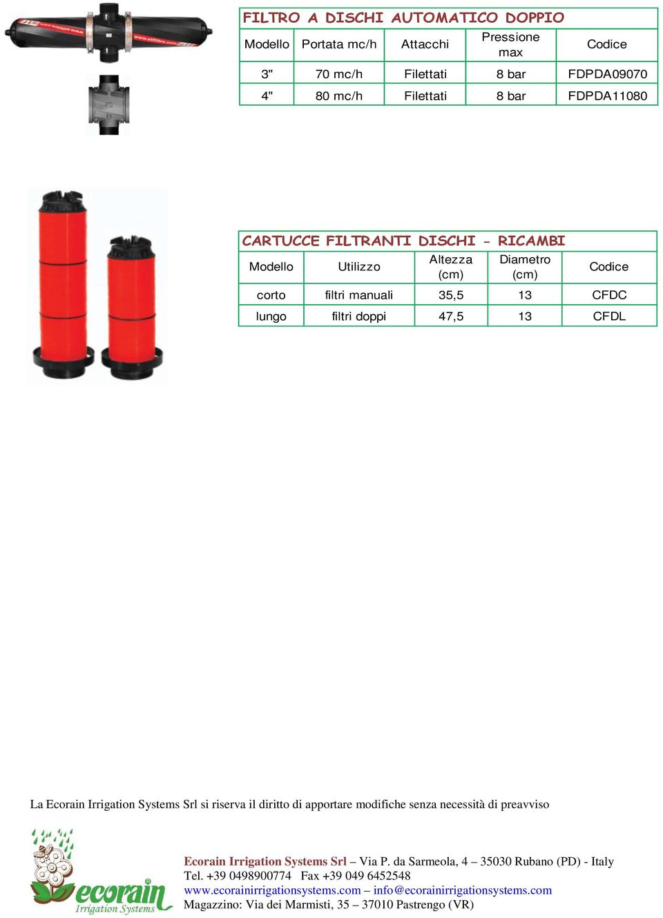 FDPDA11080 CARTUCCE FILTRANTI DISCHI - RICAMBI Utilizzo Altezza (cm)