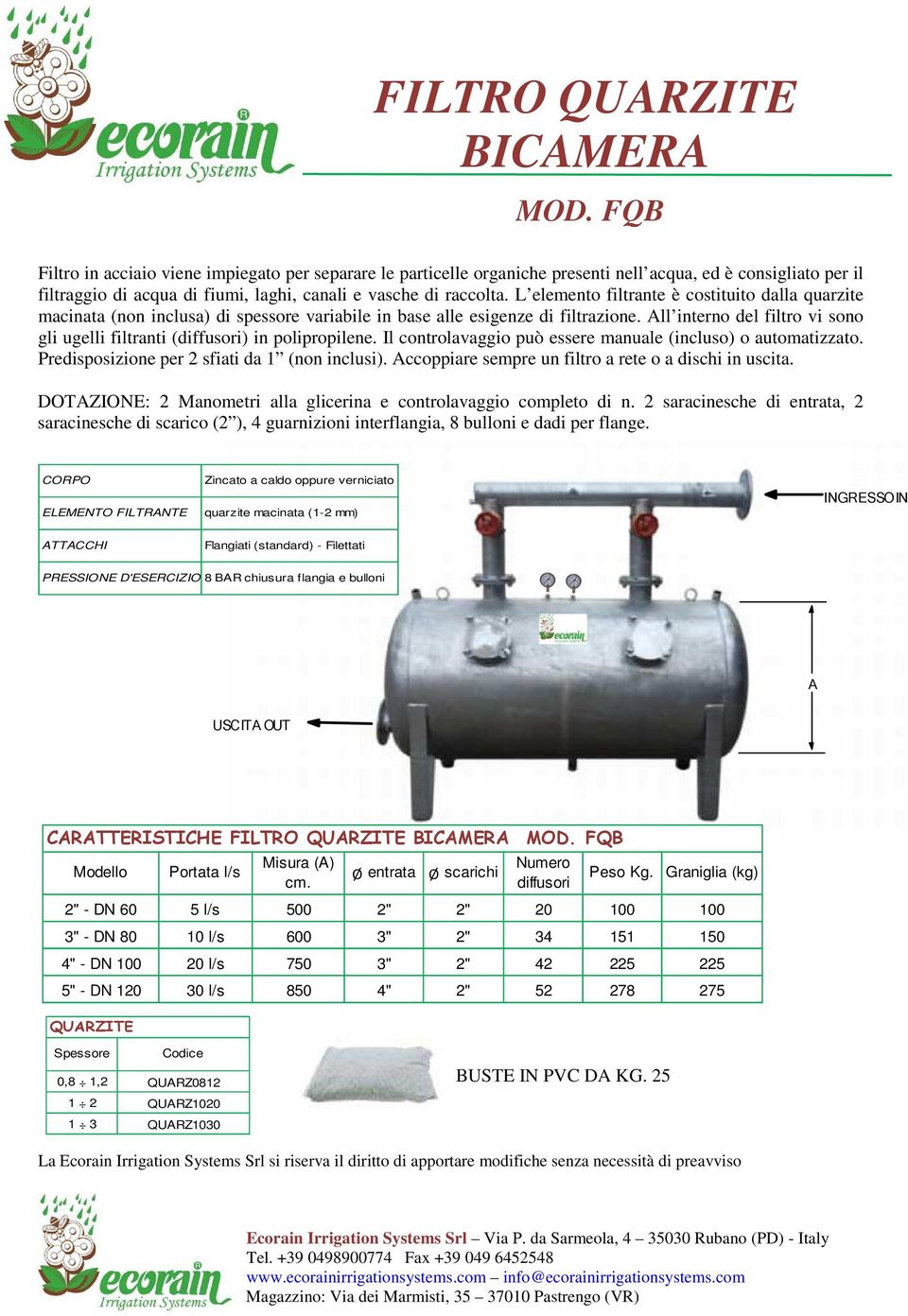 L elemento filtrante è costituito dalla quarzite macinata (non inclusa) di spessore variabile in base alle esigenze di filtrazione.