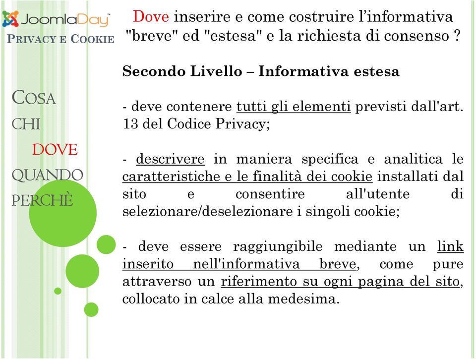 13 del Codice Privacy; - descrivere in maniera specifica e analitica le caratteristiche e le finalità dei cookie installati dal sito e